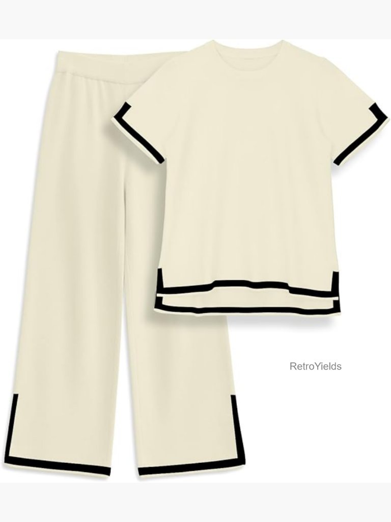 2 Piece Lounge Set - Short Sleeve Top & Wide Leg Pants